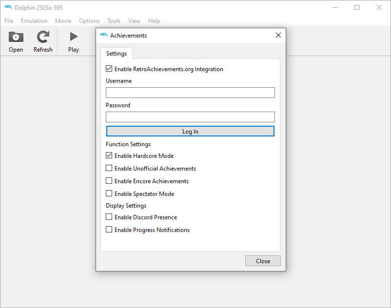 Achievement settings in Dolphin