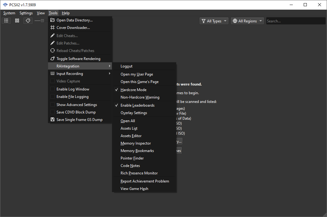 RAIntegration menu in PCSX2